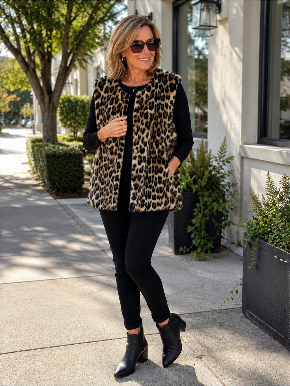 Talbots Leopard Print Faux Fur Vest - Black & Tan